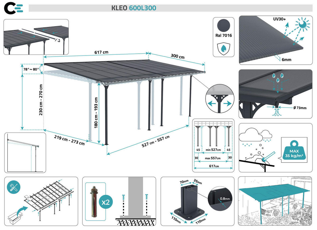 PERGOLA / CARPORT Kleo Grau 6m x 3m - Grau, Metall (626/270/300cm) - Cazeboo