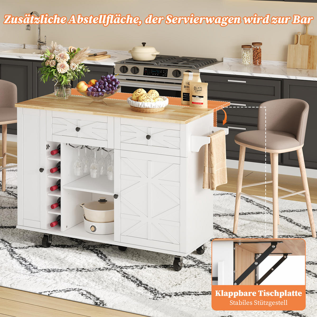 KÜCHENINSEL 120x70x89cm Weiß mit Klappplatte,Schubladen,Weinregal & Rollen - Weiß, Holzwerkstoff (120/89/70cm) - Modfu