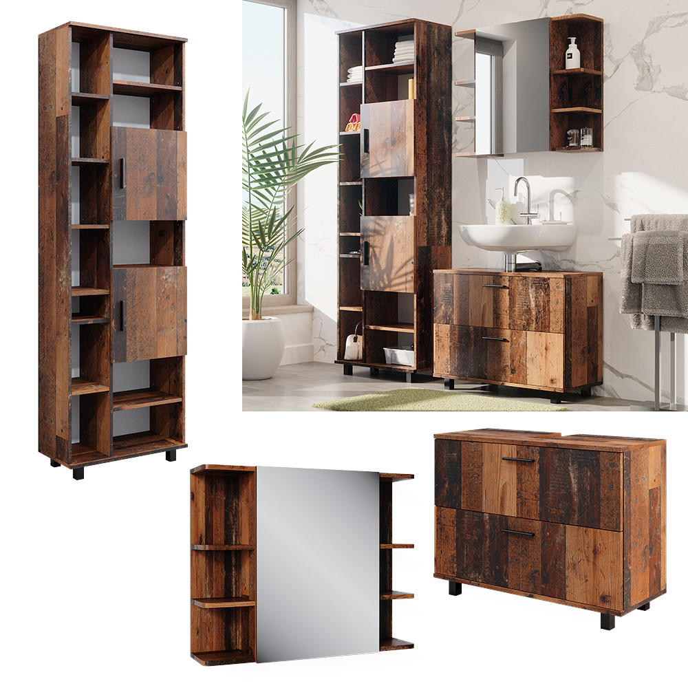 BADMÖBEL-SET Ilias Eiche rustikal 3 Teile, mit Hochschrank - Wildeiche, Holzwerkstoff (80.2/60.8/33cm) - Vicco
