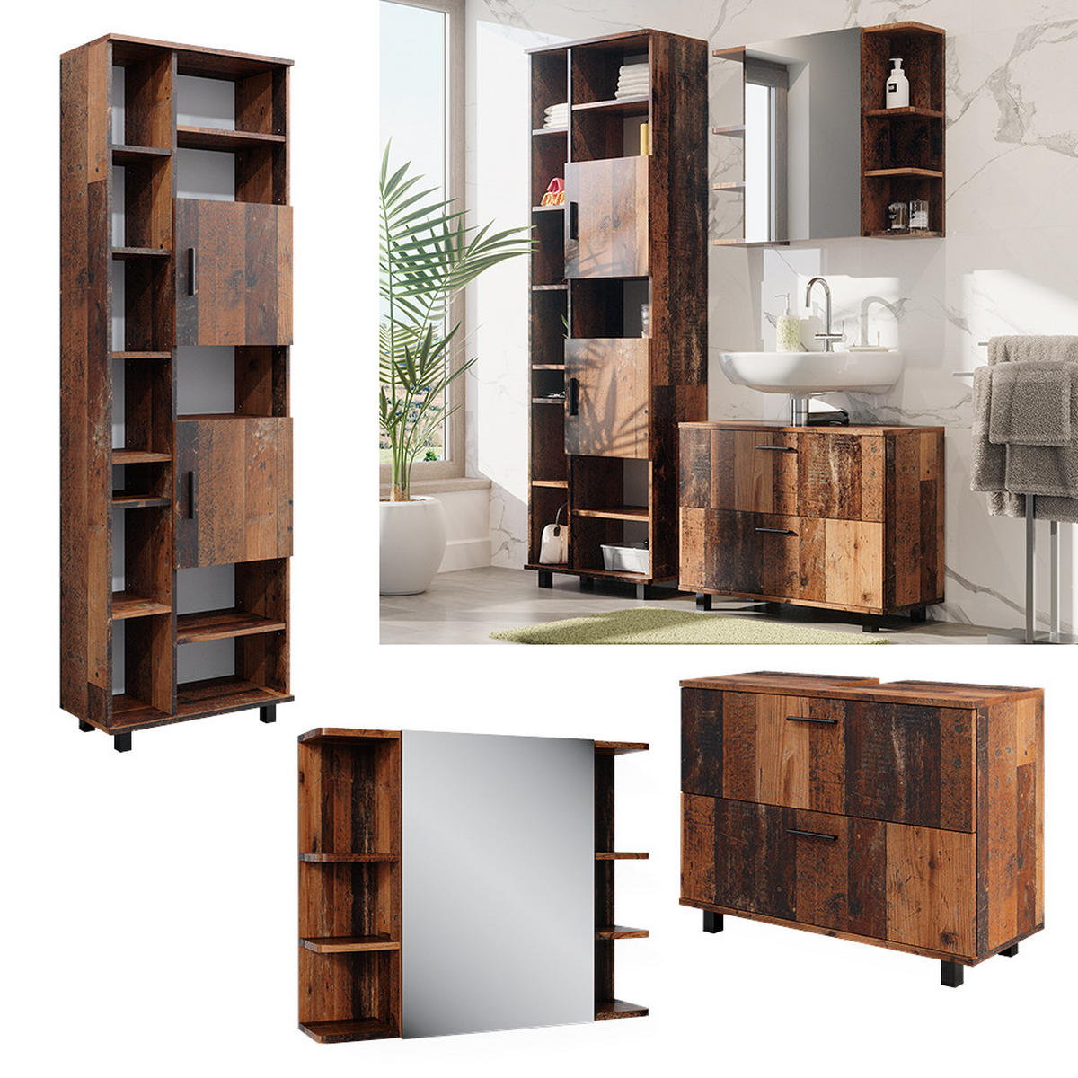 BADMÖBEL-SET Ilias Eiche rustikal 3 Teile, mit Hochschrank - Wildeiche, Holzwerkstoff (80.2/60.8/33cm) - Vicco
