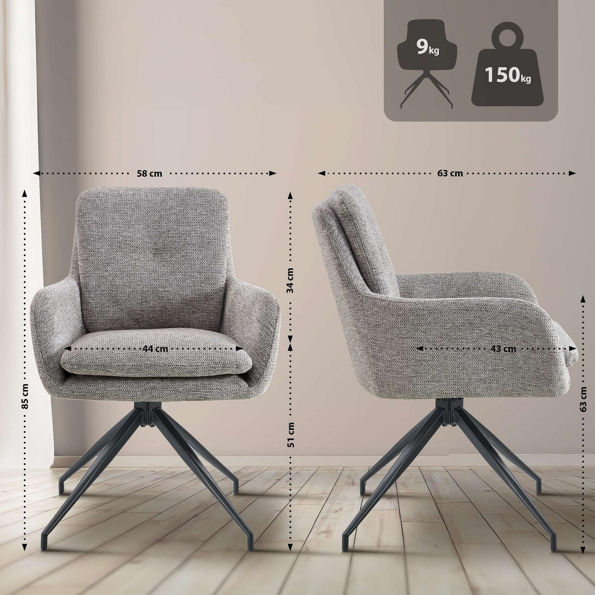 ESSZIMMERSTUHL Stoff Taupe - Taupe/Schwarz, Textil/Metall (58/85/63cm) - CLP