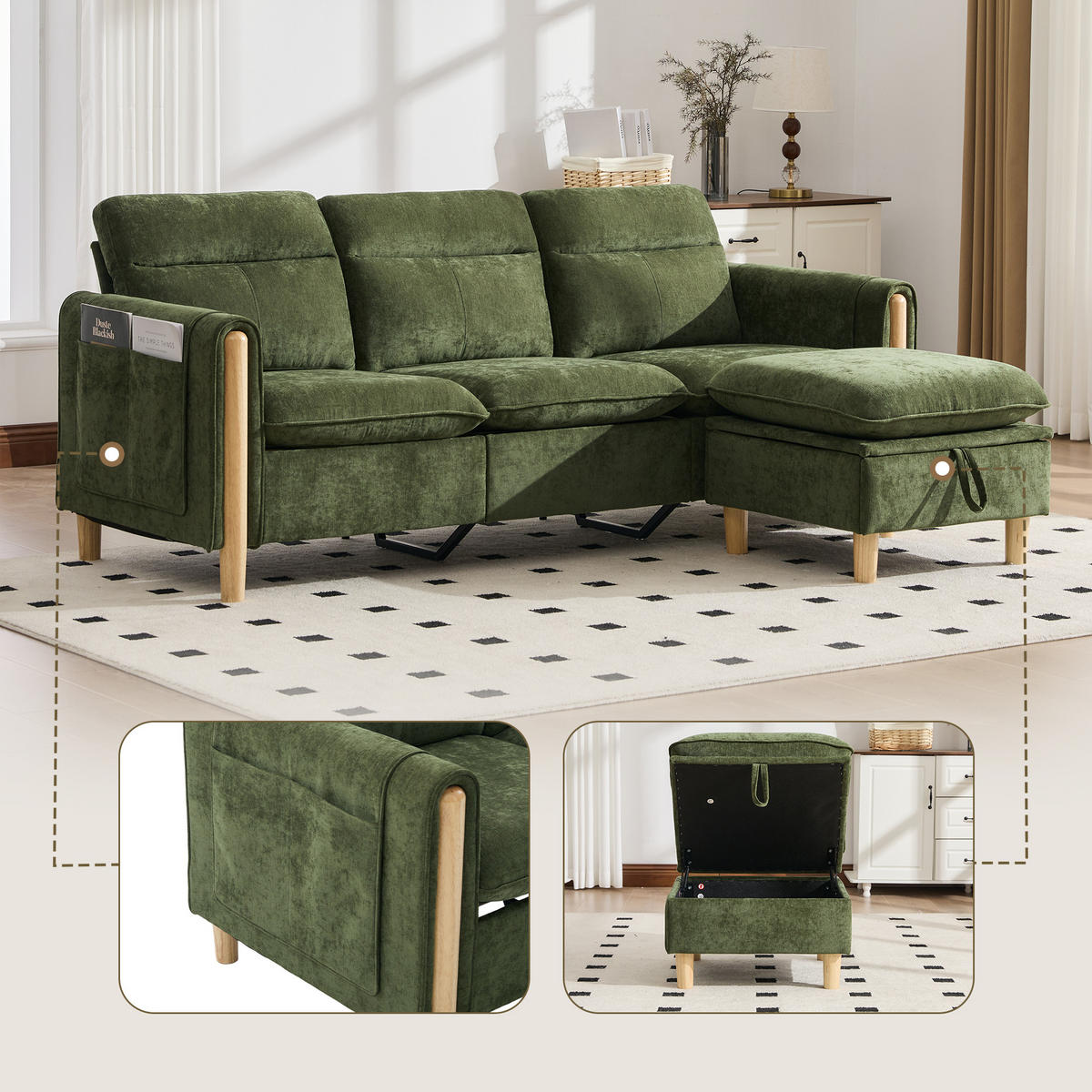 ECKSOFA DE-33940 mit Stauraumhocker und Seitentaschen Grün - Grün, Holz (77/201cm) - ComfortXL