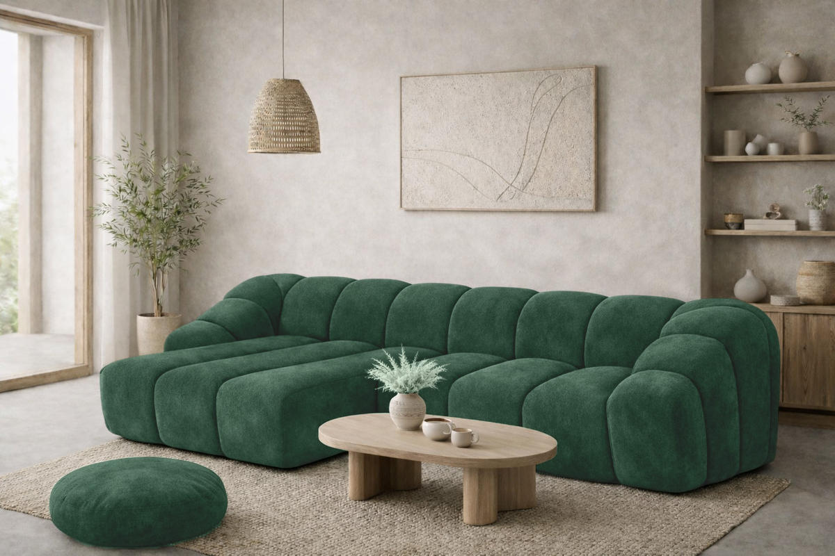 ECKSOFA Modulare L-Form, Veloursstoff Bluvel, Grün, Links, CROISSANT L - Grün, Holz (305/190cm) - Kaiser Möbel