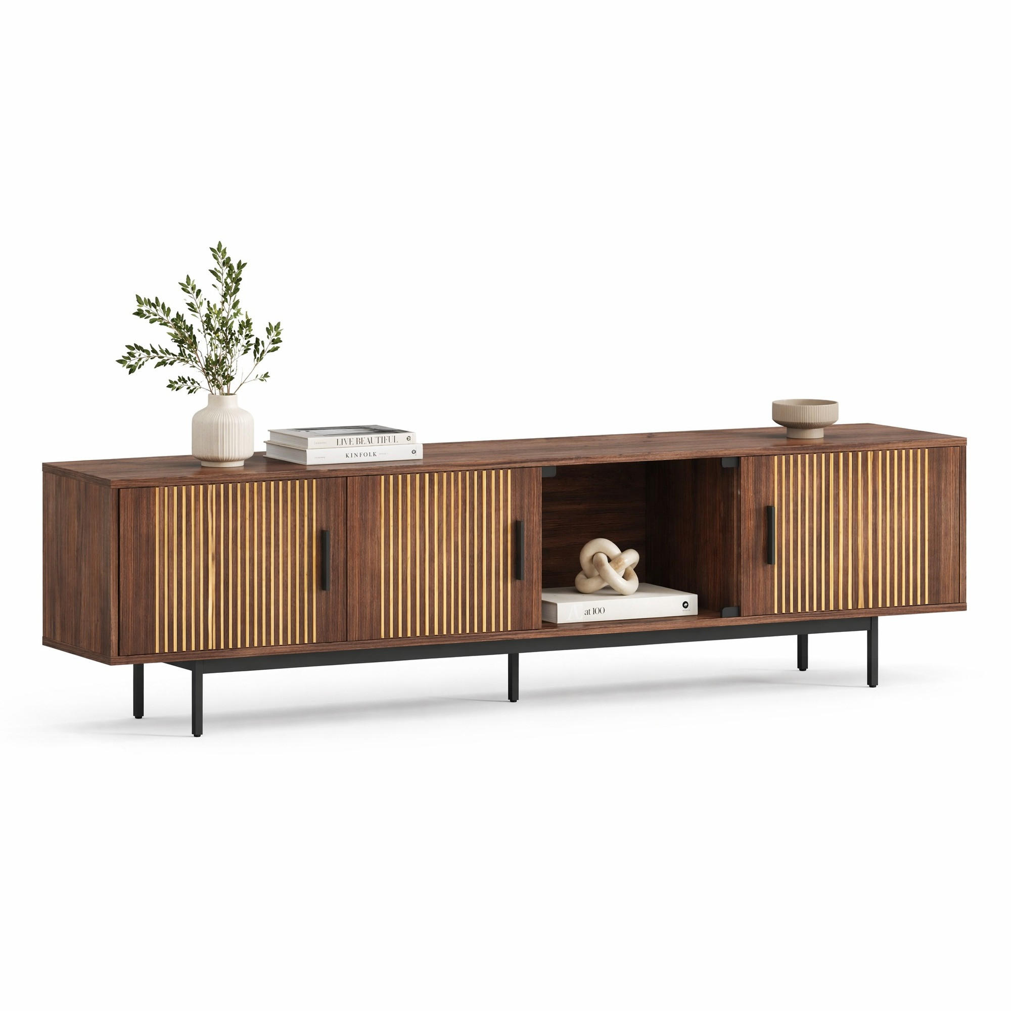 LOWBOARD in Walnussfarben TV-Schrank mit LED und geschnitzter Textur für Wohnzimmer, B200/T35/H53 cm - Walnussfarben/Schwarz, Glas/Holzwerkstoff (200/53/35cm) - STILVORA
