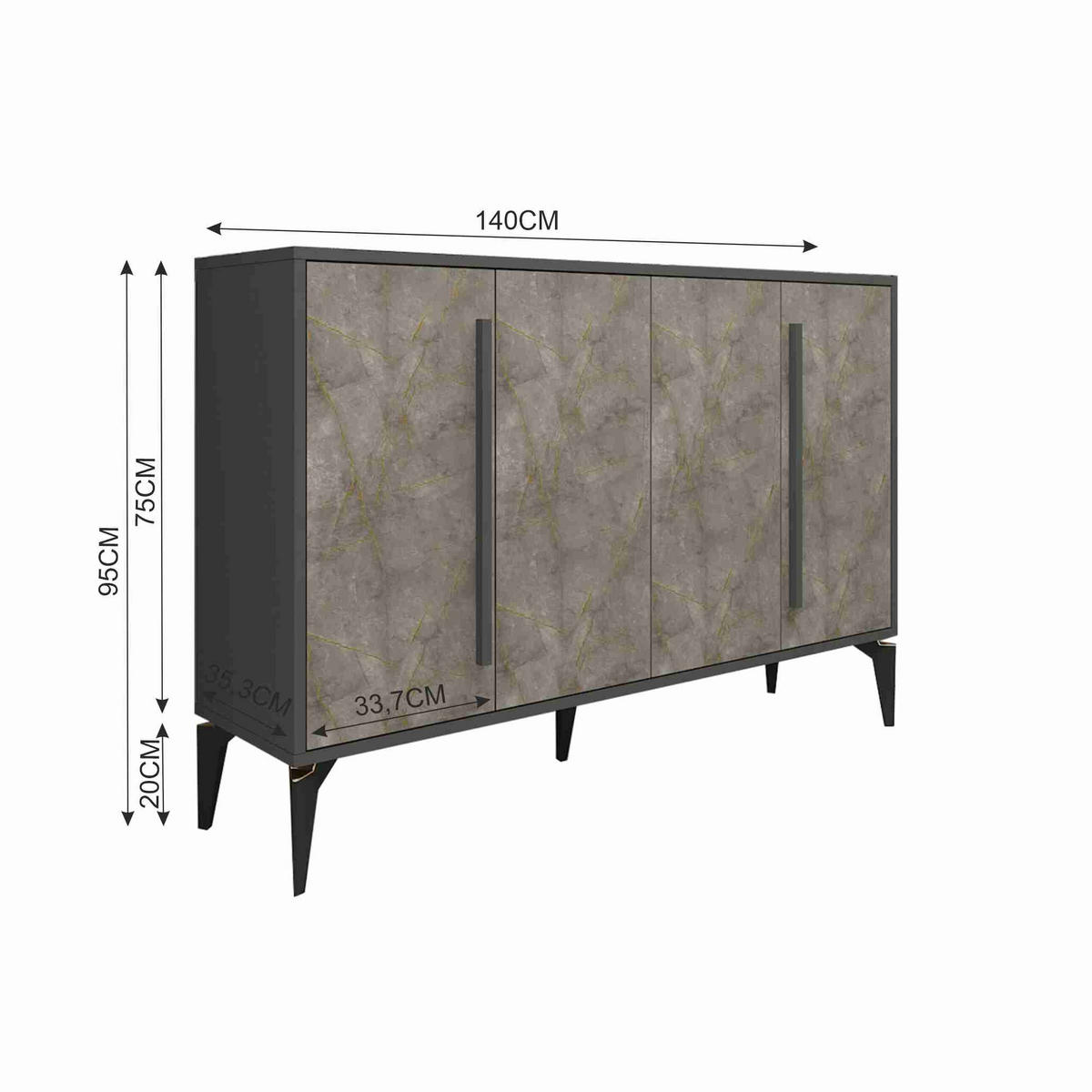 SIDEBOARD Majör Grau 4-Türig 9888 - Anthrazit/Schwarz, Holzwerkstoff/Metall (140/95/35.3cm) - moebel17