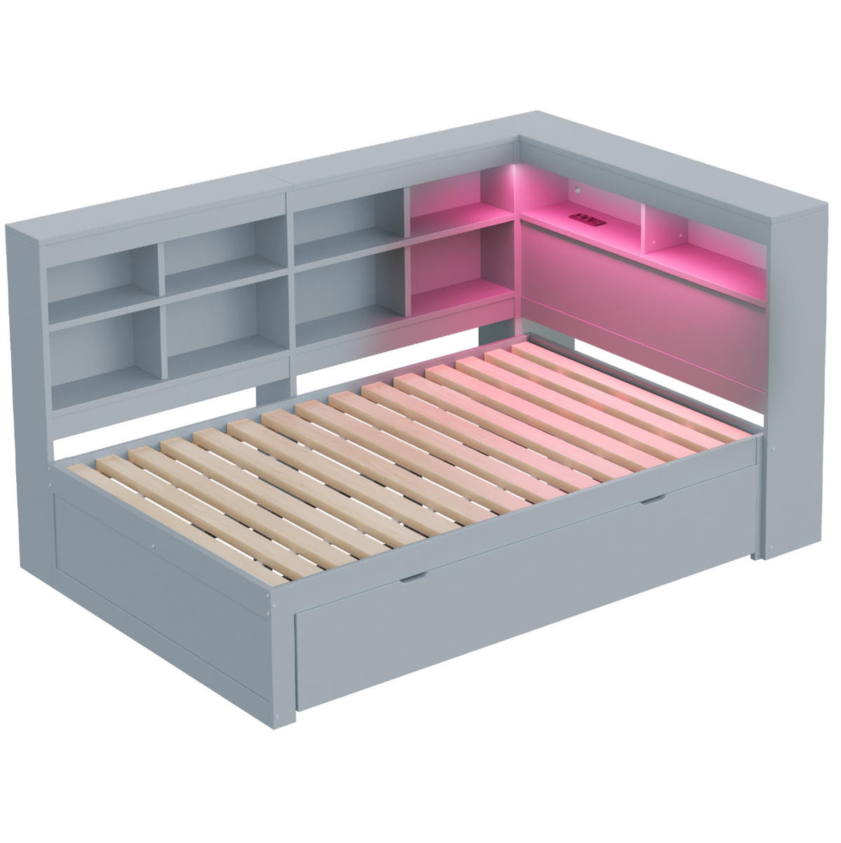 RAHMENBETT mit LED-Beleuchtung 140/200 cm aus Massivholz mit Stauraum - Grau, Holz - BEAOK