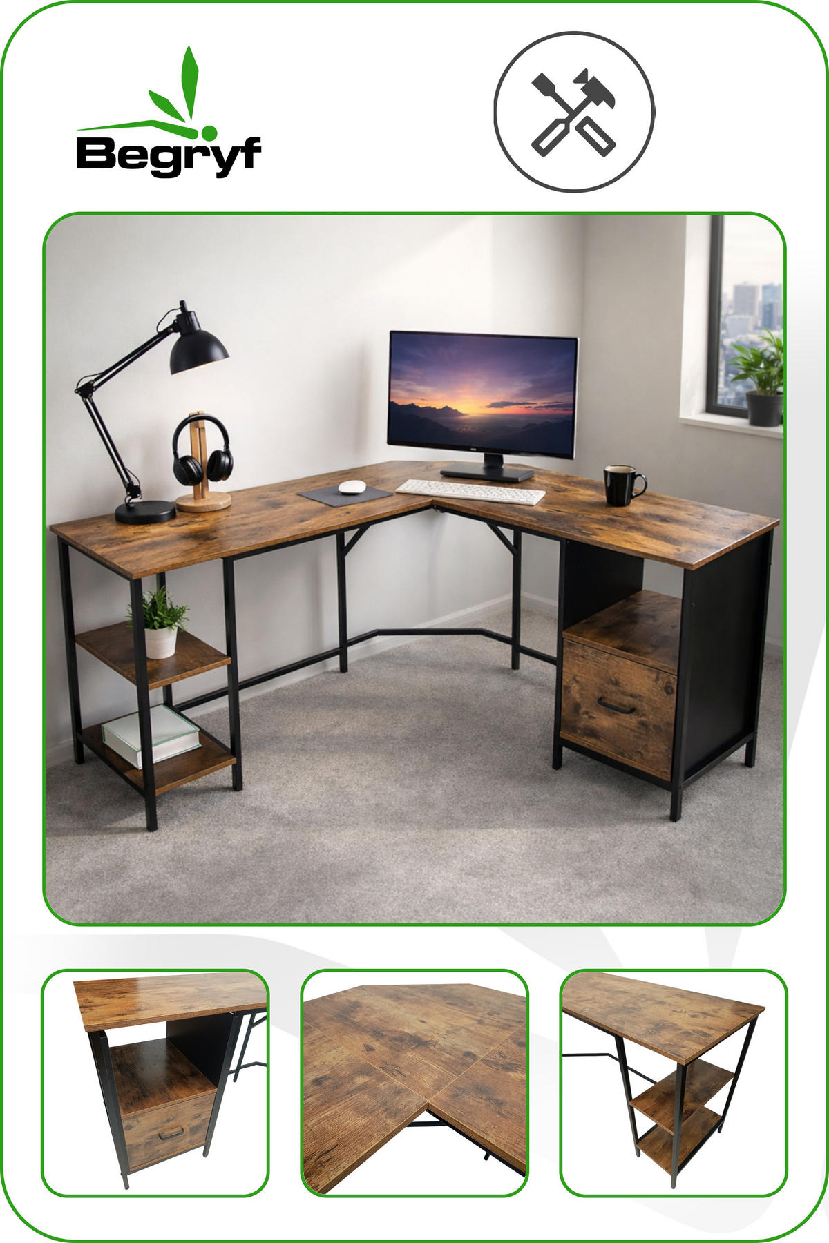 ECKSCHREIBTISCH Holzoptik Dunkelbraun Metall Schwarz L-Form Büro 149x149x75 cm - Dunkelbraun/Schwarz, Holzwerkstoff/Metall (149/149/75cm) - Begryf