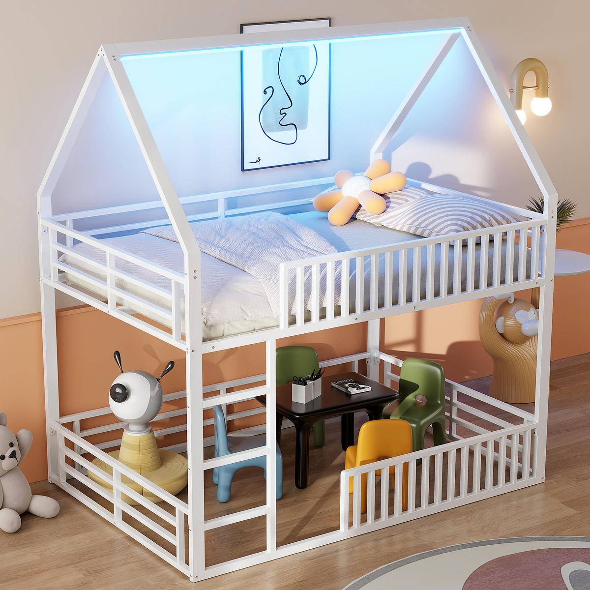 ETAGENBETT in Hausform 140/200 cm, Weiß mit LED und Schutzgeländer - Weiß, Metall (140/200cm) - MIVRAY