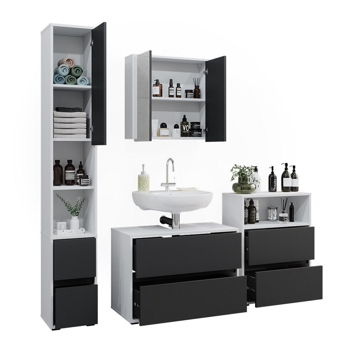BADMÖBEL-SET Maltin Weiß/Anthrazit 4 Teile - Anthrazit/Weiß, Holzwerkstoff (80/58/40cm) - Vicco