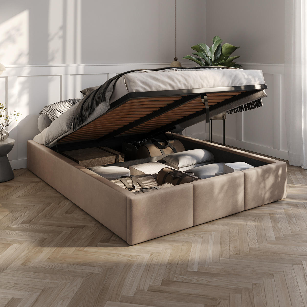 POLSTERBETT für Schlafzimmer Bett mit Stauraum Beige 140x200cm - Beige, Holzwerkstoff/Textil (160/200cm) - Muralo
