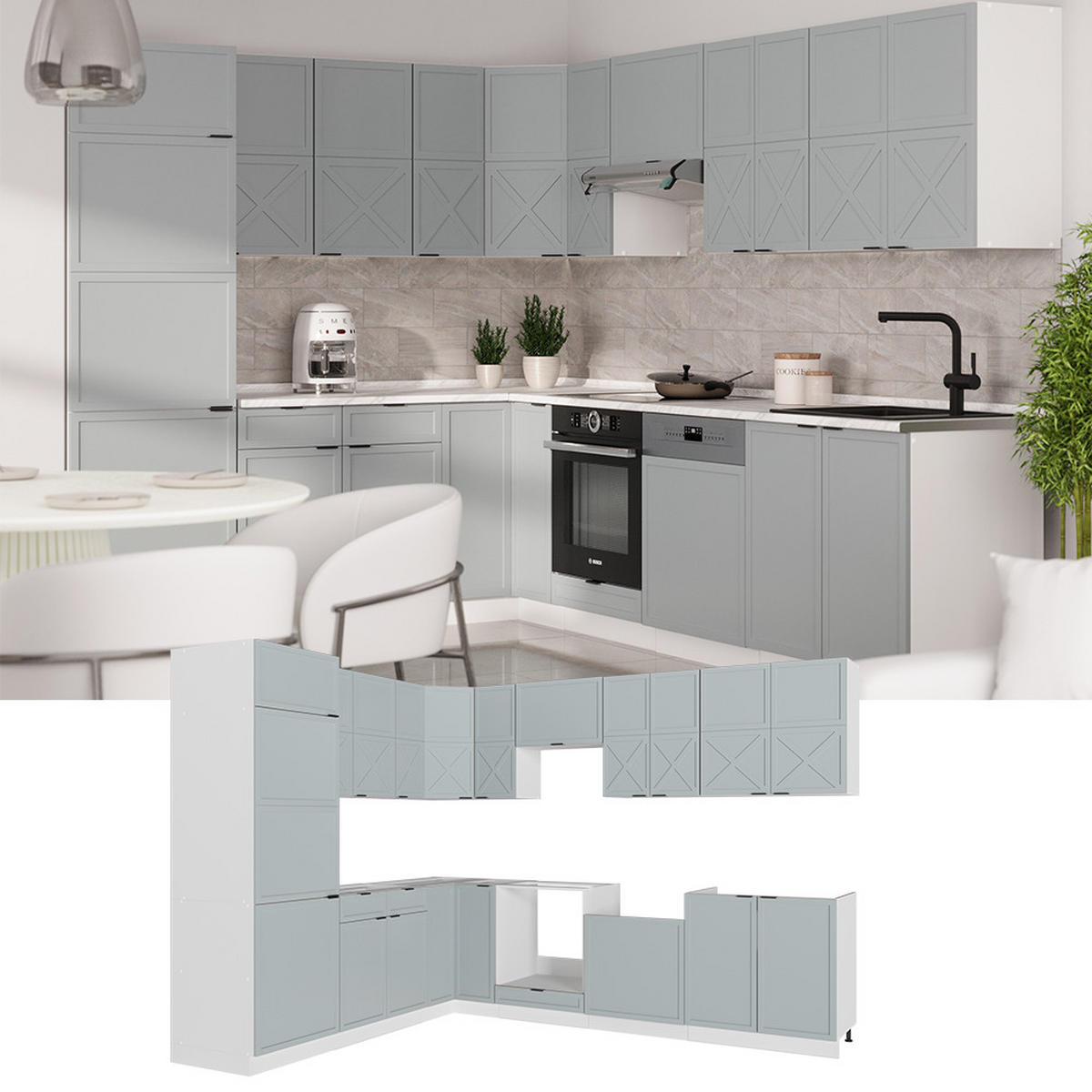 ECKKÜCHE Fame-Line Hellblau-grau/Weiß 227 x 60 cm ohne AP - Weiß/Hellblau, Holzwerkstoff (287/81.6/46cm) - Vicco