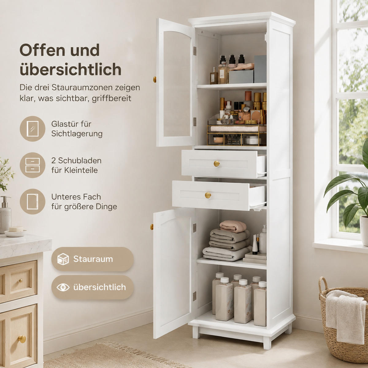VITRINE 45/36/160 cm aus MDF und Glas mit 2 Schubladen und verstellbaren Einlegeböden Weiß - Weiß, Holzwerkstoff (45/160/36cm) - Modenvie