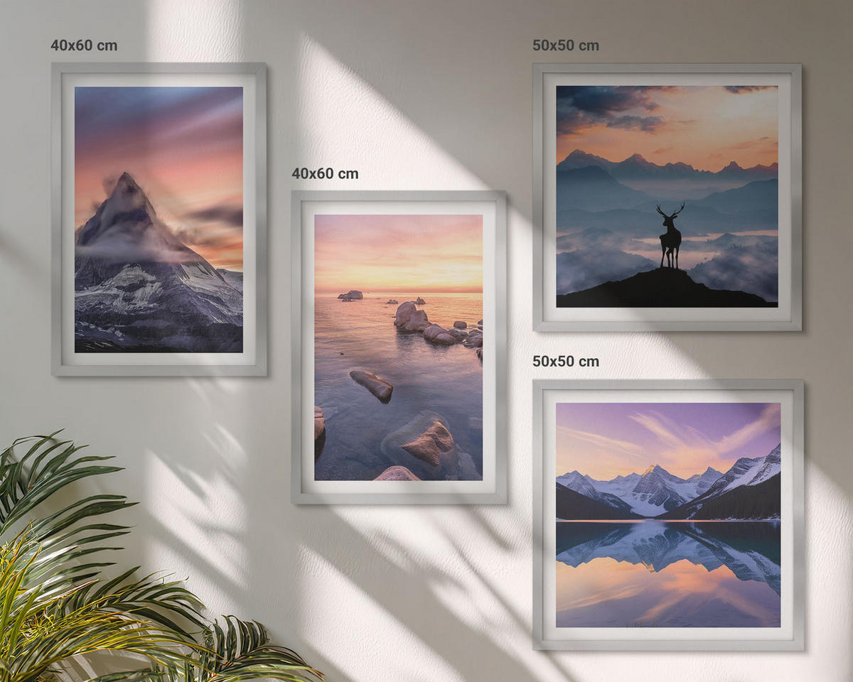 WANDBILDER 4er Set - 50x50 cm & 40x60 cm Silberner Rahmen - Landschaften Berge Seen jelen - Silberfarben, Kunststoff (50/50cm) - ArtPrintCave