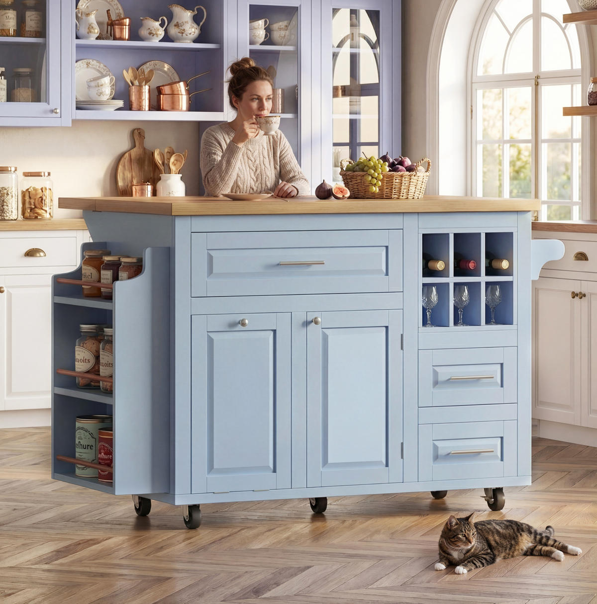KÜCHENWAGEN mit klappbarer Arbeitsplatte 143 x 75 x 91 cm Blau - Blau, Holz (75/91/143cm) - Beauniv