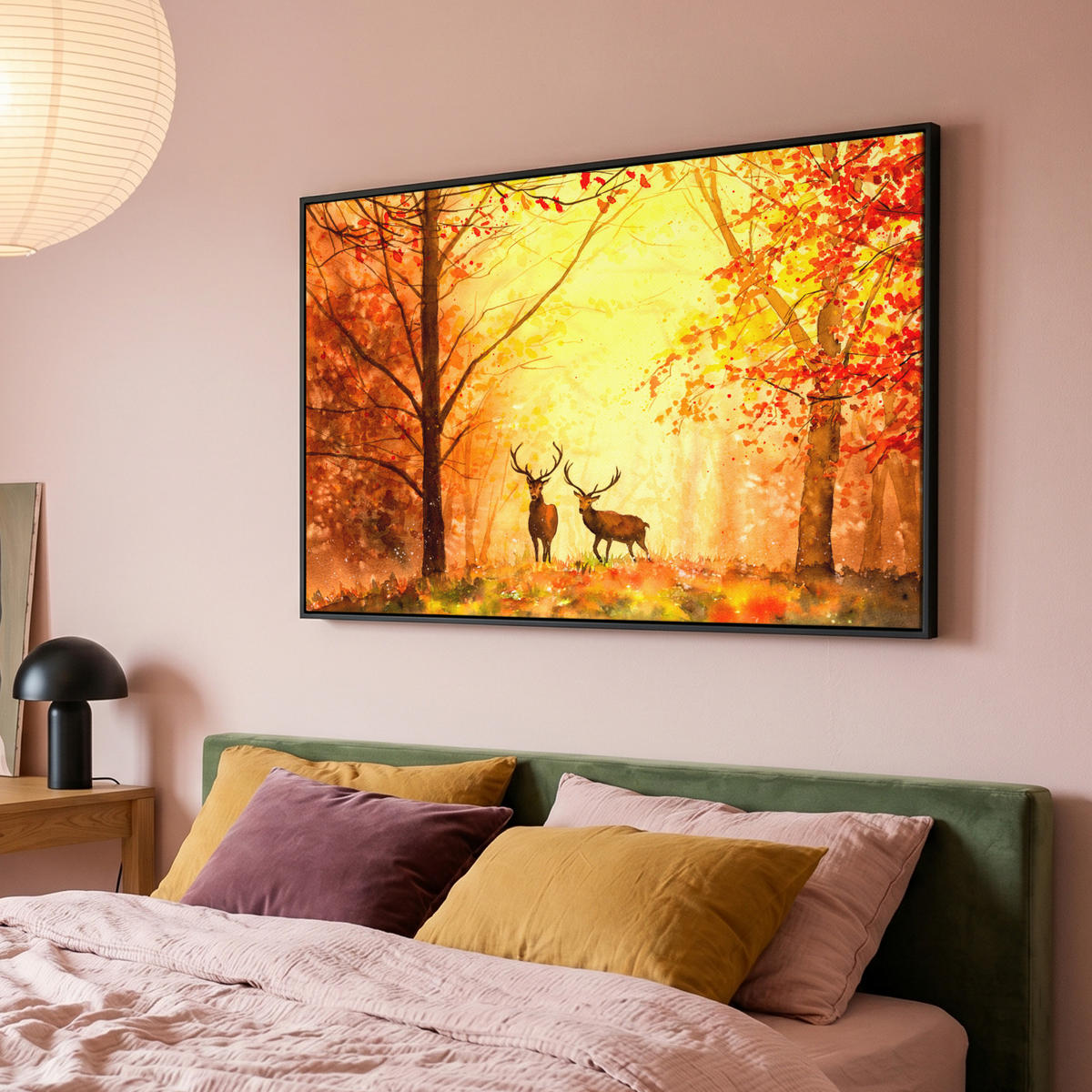 LEINWAND Bilder mit Rahmen - Natur - Ölfarbe - Hirsche - Tiere - Herbst - Orange - 150x100 - Orange, Textil (150/100cm) - MuchoWow