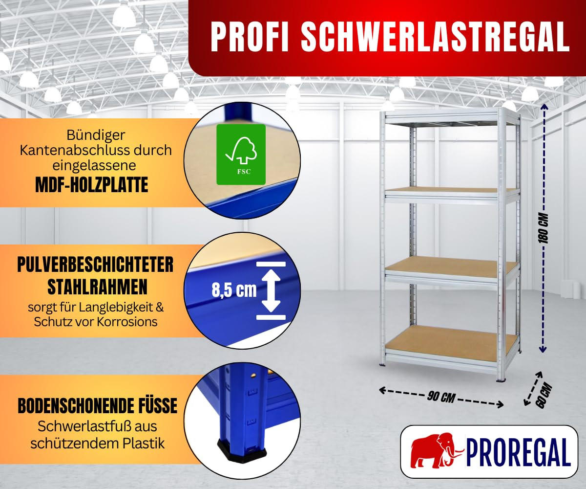 SCHWERLASTREGAL Dino 180x90x60 cm Fachlast 600 kg Verzinkt - Silberfarben, Metall (90/180/60cm) - PROREGAL