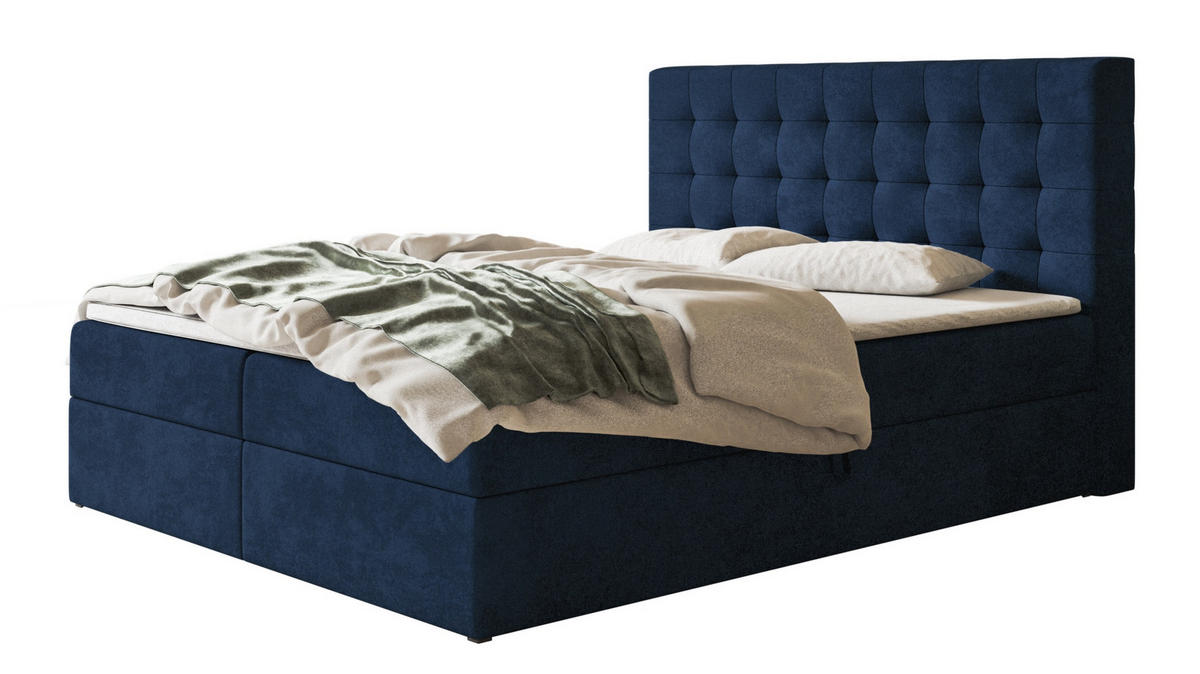 BOXBETT RIO mit 2 Bettkästen, 180x200, Farbe: Dunkelblau, Velourstoff, Doppelbett mit Bonell-Matratze - Dunkelblau, Holz/Kunststoff (180/200cm) - Alpi-Möbel