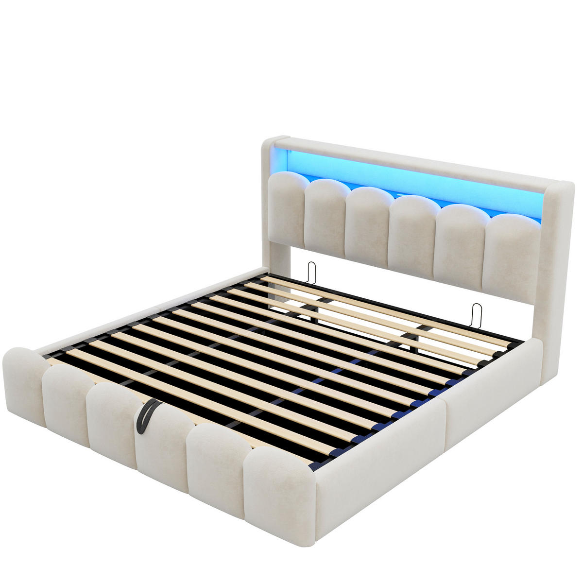 POLSTERBETT 180x200 Beige Samt LED Stauraum - Beige, Textil (180/200cm) - FLIEKS