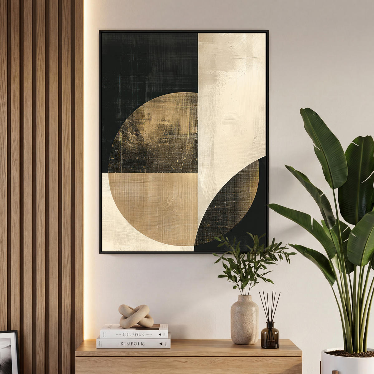 LEINWAND Bilder mit Rahmen - Abstrakt - Geometrische Formen - Schwarz - Gold - 70x100 - Ecru, Textil (70/100cm) - MuchoWow