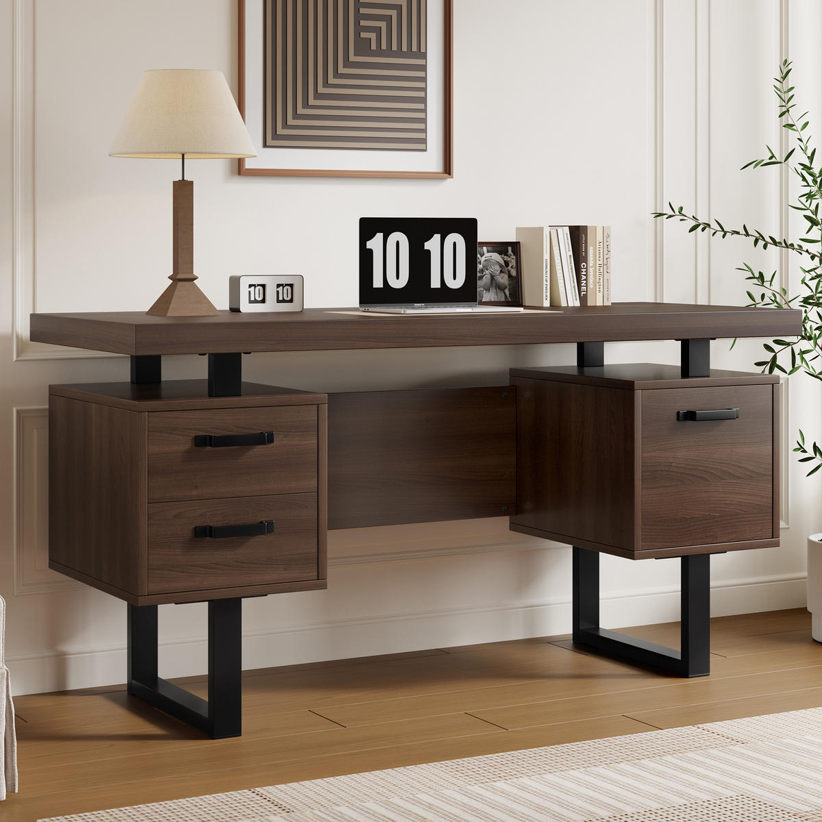 SCHREIBTISCH Braun/Schwarz 135/54/76 cm mit Schubladen und Ordnerfach - Schwarz, Holzwerkstoff (54/135/76cm) - PANGIVO