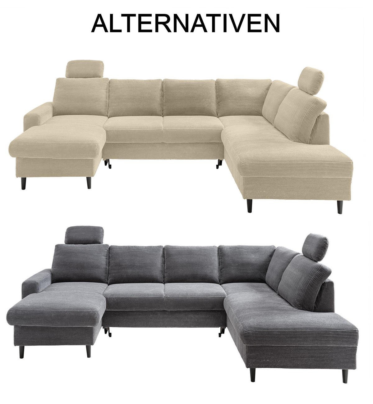 WOHNLANDSCHAFT mit Schlaffunktion Bettkasten Wellenunterfederung, 2 Kopfstützen, U-Form B305/T200/H88 cm, Cord Beige Grau / 17205 - Greige/Beige, Holz/Textil (305/88/200cm) - luma-home