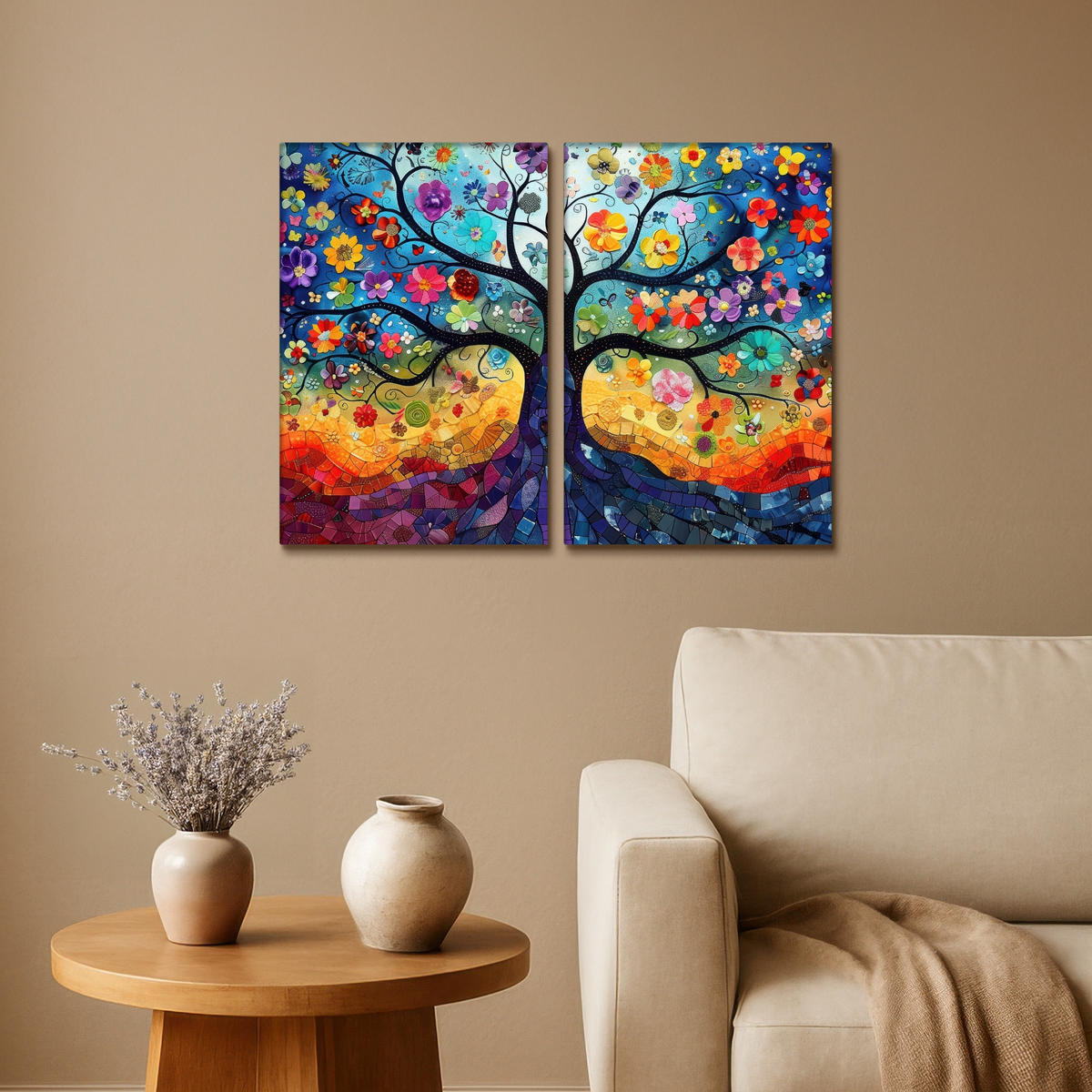 LEINWANDBILD 2er Set Bunt - Baum des Lebens - Blumen - Abstrakt 80x60 cm - Blau, Textil (80/60cm) - MuchoWow