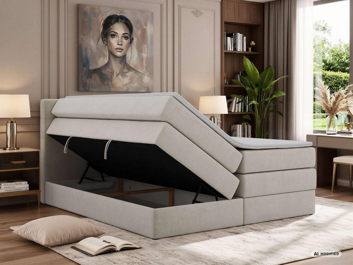 BOXSPRINGBETT SOLVEN KING 160/200 - Hellgrau Jersey - Topper Visco - H3 - Hellgrau/Schwarz, Kunststoff/Textil (160/200cm) - MKS