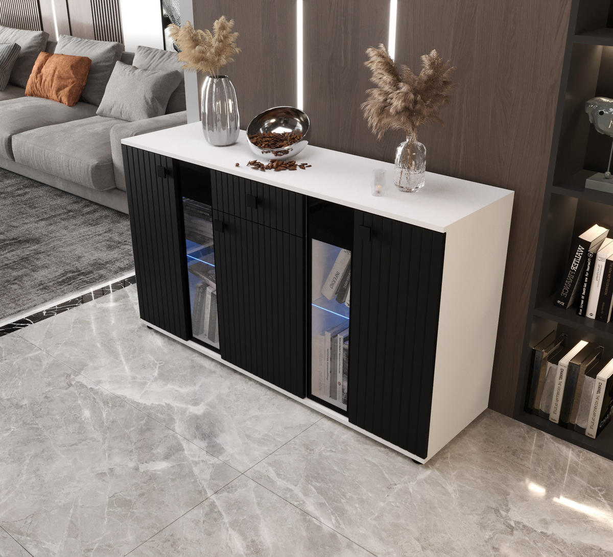 KOMMODE London LSMK LAMELE mit 3 Türen, Sideboard in Farbe: Schwarz|Weiß, Größe: 140 x 80 x 40 cm - Schwarz/Weiß, Holzwerkstoff (140/80/40cm) - O-Sofa