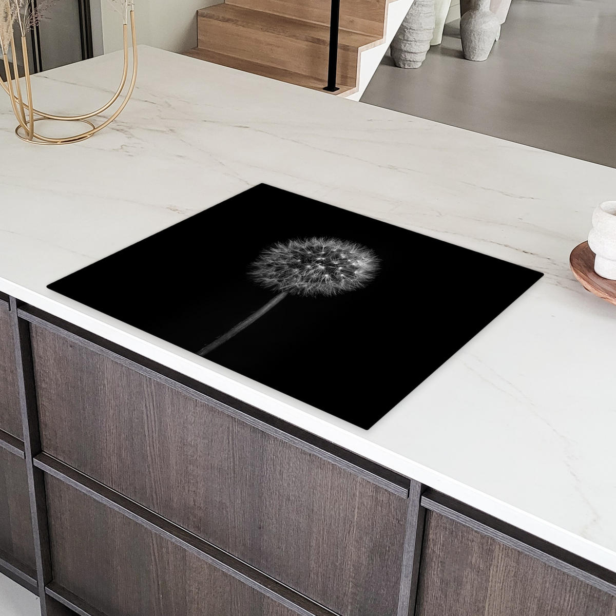 HERDABDECKPLATTE Löwenzahn - Schwarz - Floral - Botanisch Induktionsmatte 77x59 cm - Grau, Kunststoff (77/59/0.2cm) - MuchoWow