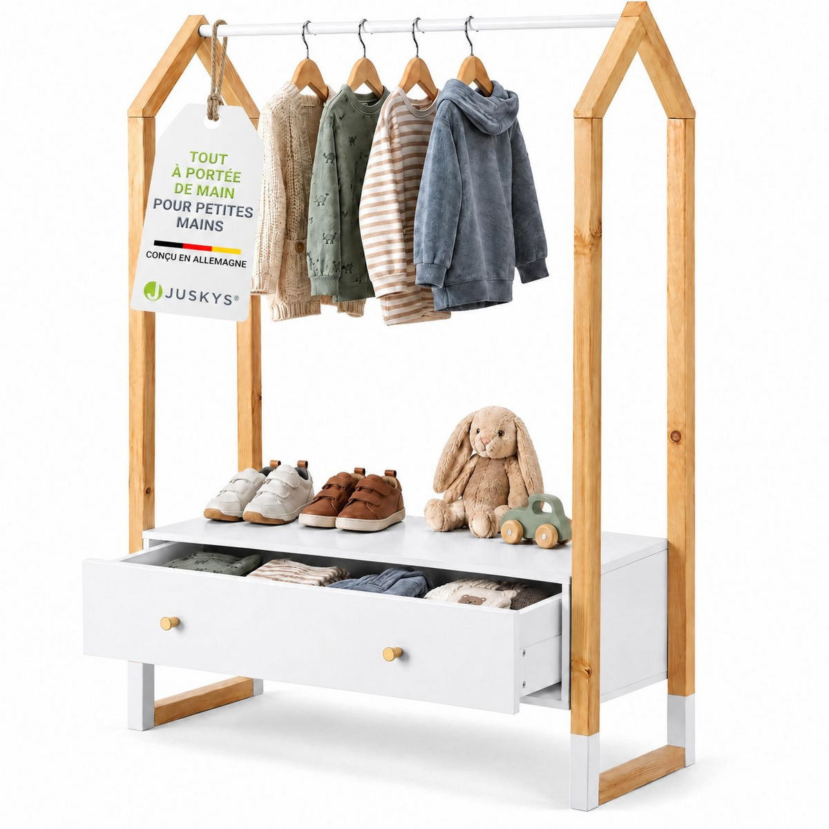 KLEIDERSTÄNDER Filla mit großer Schublade - Weiß, Holz (30/30/80cm) - Juskys
