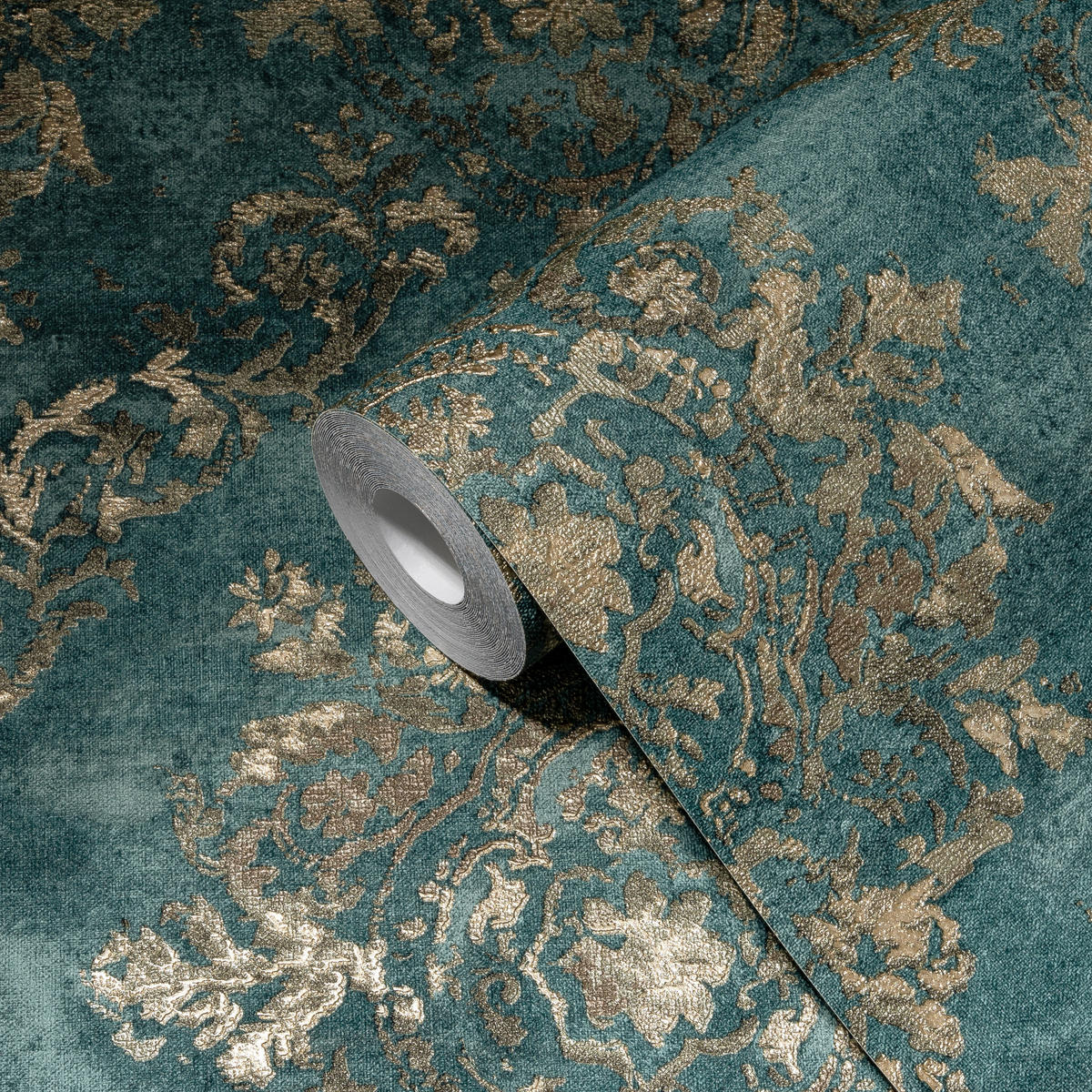 VLIESTAPETEN Barock Petrol Gold – Edles Ornament & Vinyl-Struktur - Goldfarben/Petrol, Papier (530/10050cm) - Livingwalls