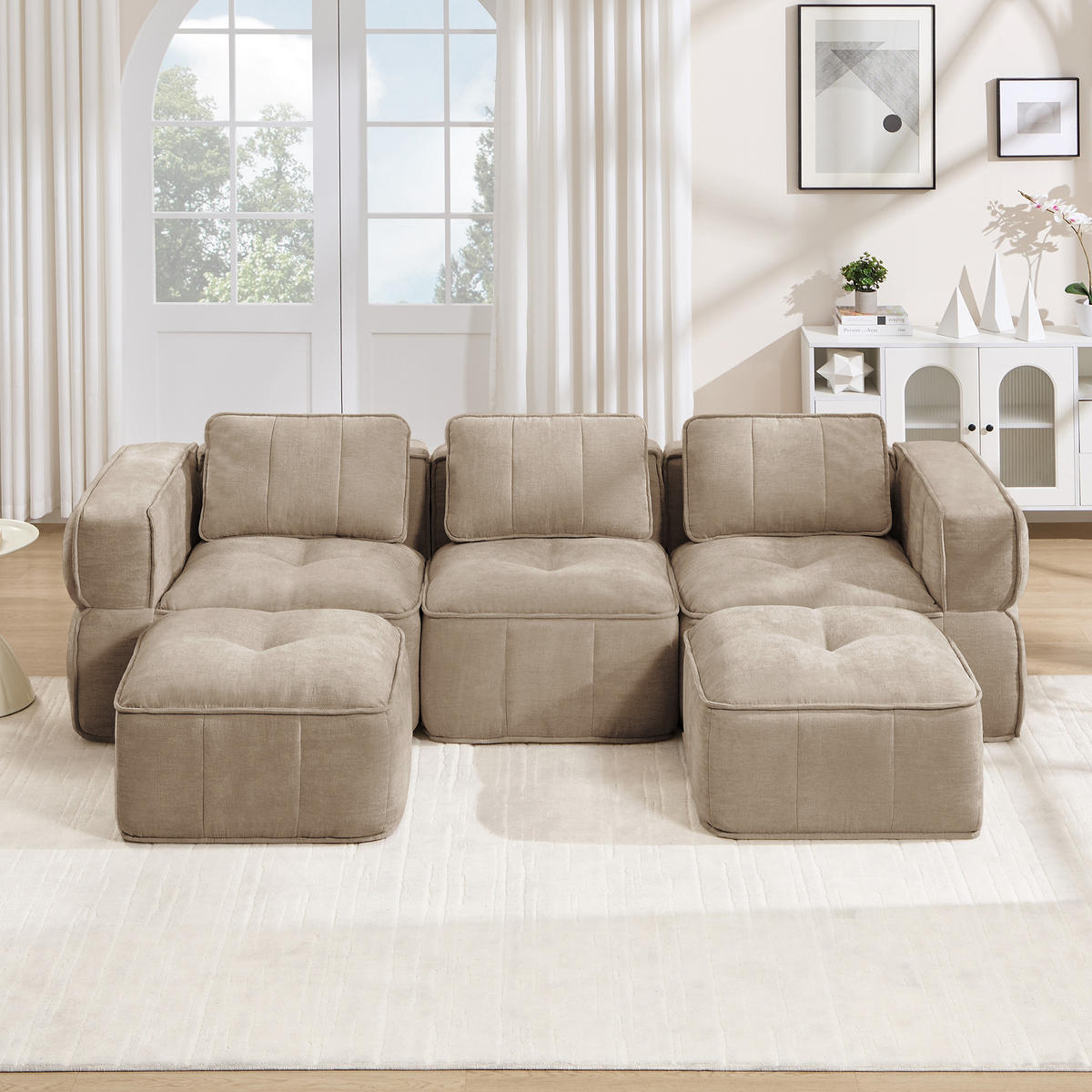 CANAPEA 3 LOCURI cu 2 taburete, minimalist, Poliester-nisipiu - nisipiu, material textil (162/67/271cm) - KOMHTOM