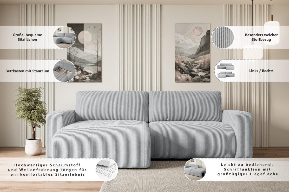 ECKSOFA mit Schlaffunktion und Bettkasten KLEEA-L - 247x143x83 cm Braun Velours - Schwarz/Braun, Holzwerkstoff/Kunststoff (247/143cm) - ALTDECOR
