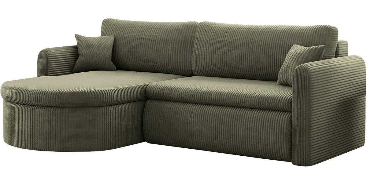 ECKSOFA Cora mit Schlaffunktion & Stauraum, Universell Rechts/Links, Olivgrün Cord Chenille 250/82/160 cm - Schwarz/Olivgrün, Kunststoff/Textil (250/160cm) - WFL GROUP
