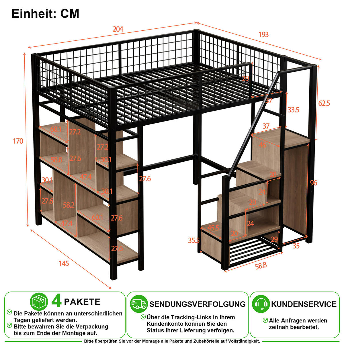 VYVÝŠENÁ POSTEL 140/200 cm v černé barvě s úložnými schody - černá, kov/kompozitní dřevo (140/200cm) - CHICFURN