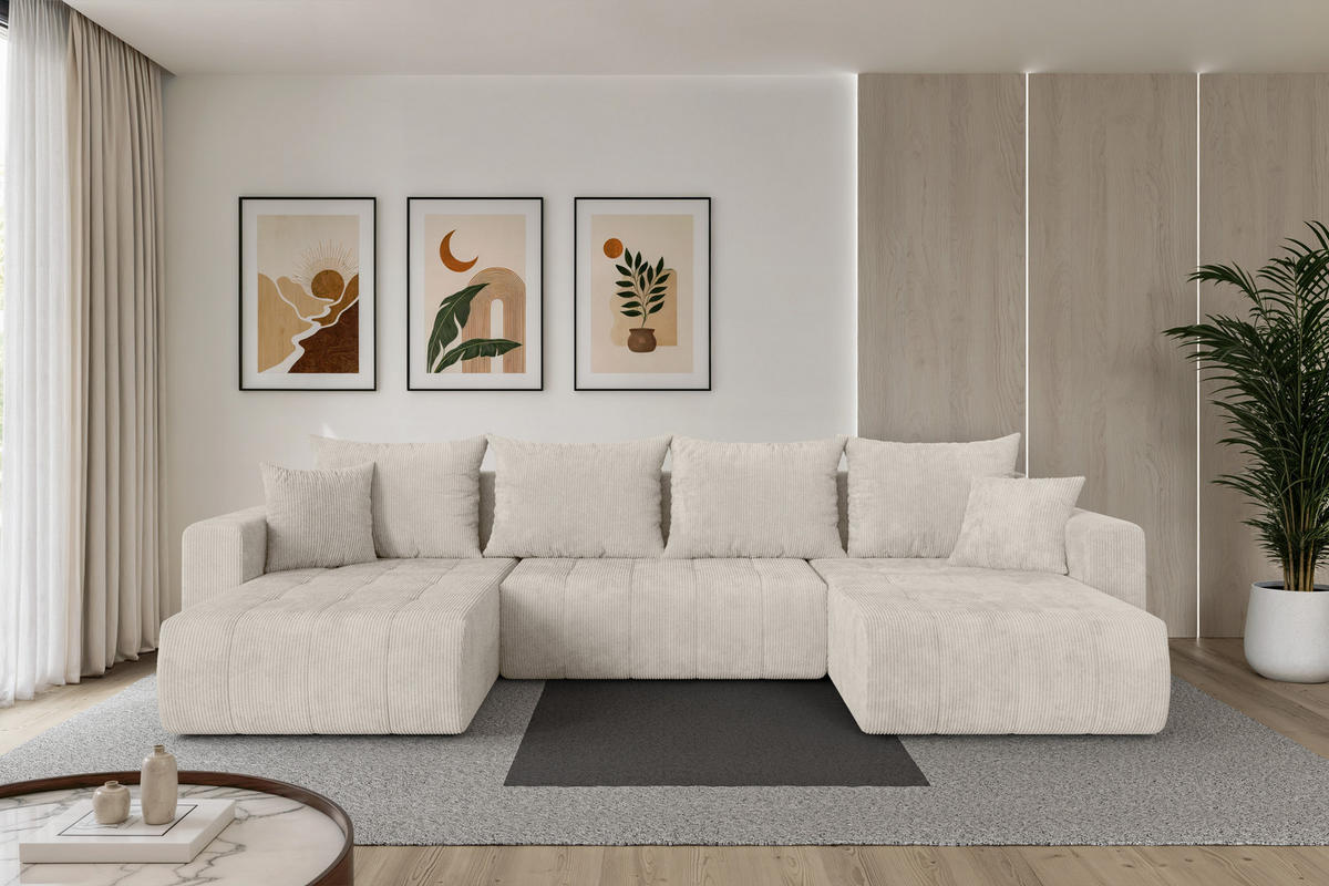 SEDACÍ SOUPRAVA DO U s funkcí spaní a úložným prostorem MILA-U 378x194x86 krémová manšestr - černá/krémová, kompozitní dřevo/textil (378/86/194cm) - ALTDECOR