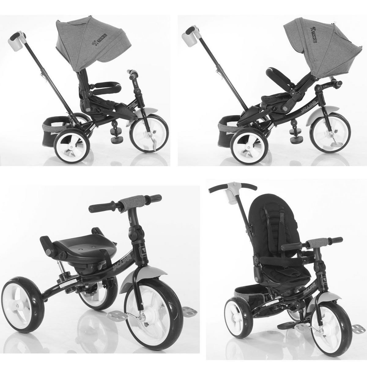 DREIRAD Jaguar 4 in 1 schwarz Schiebestange Sitz drehbar, verstellbar, Faltdach - Gelb, Metall (120/53/103cm) - Lorelli