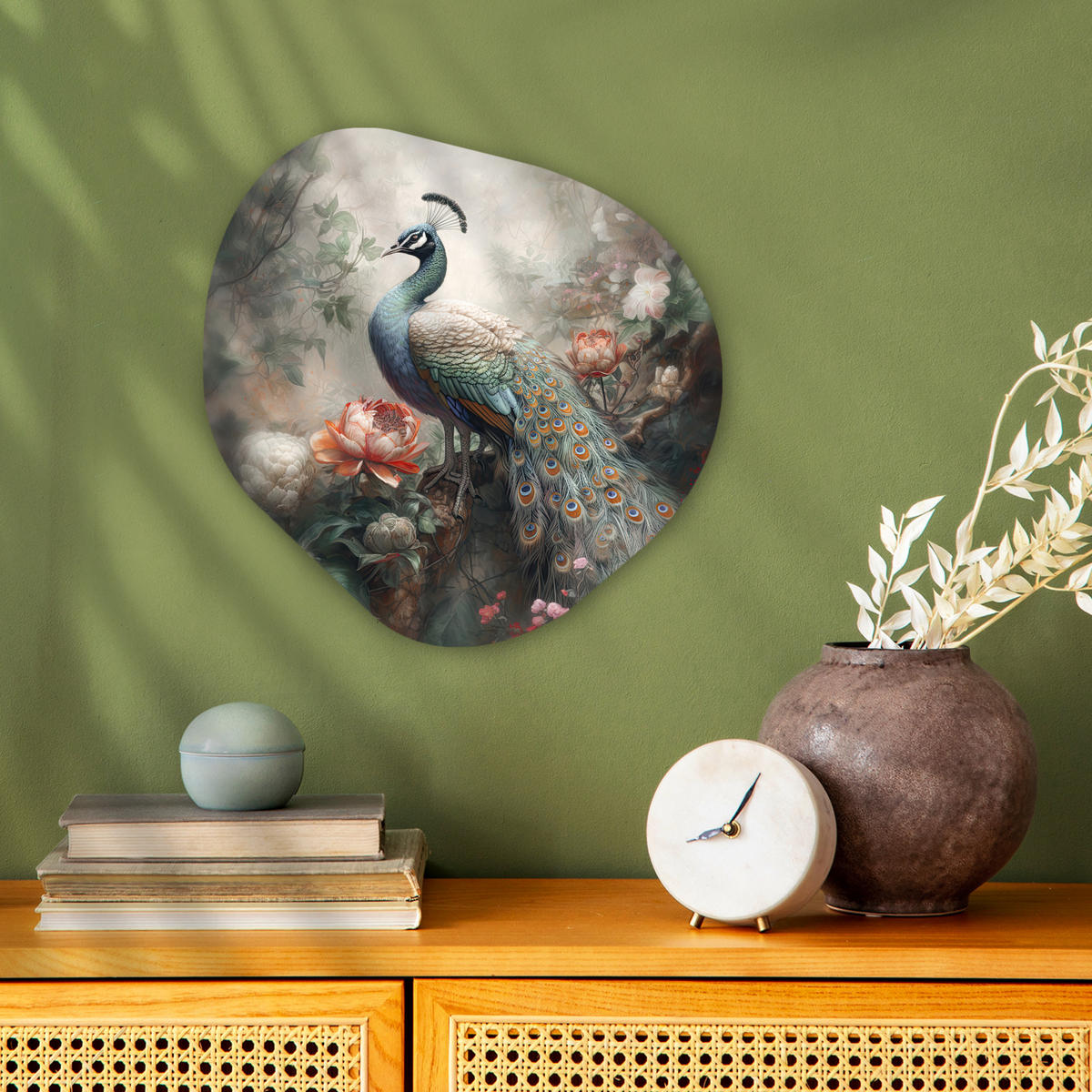 WANDBILD Pfau - Pfauenfedern - Vogel - Dschungel - Blumen 40x40 cm - Smaragdgrün, Kunststoff (40/40cm) - MuchoWow