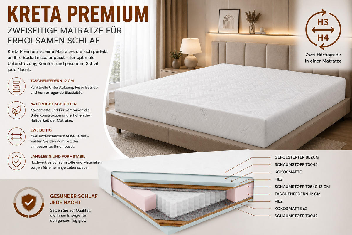 TASCHENMATRATZE Matratze KRETA PREMIUM, 90x200 cm, H3/H4 - Weiß, Textil (90/200cm) - Kaiser Möbel