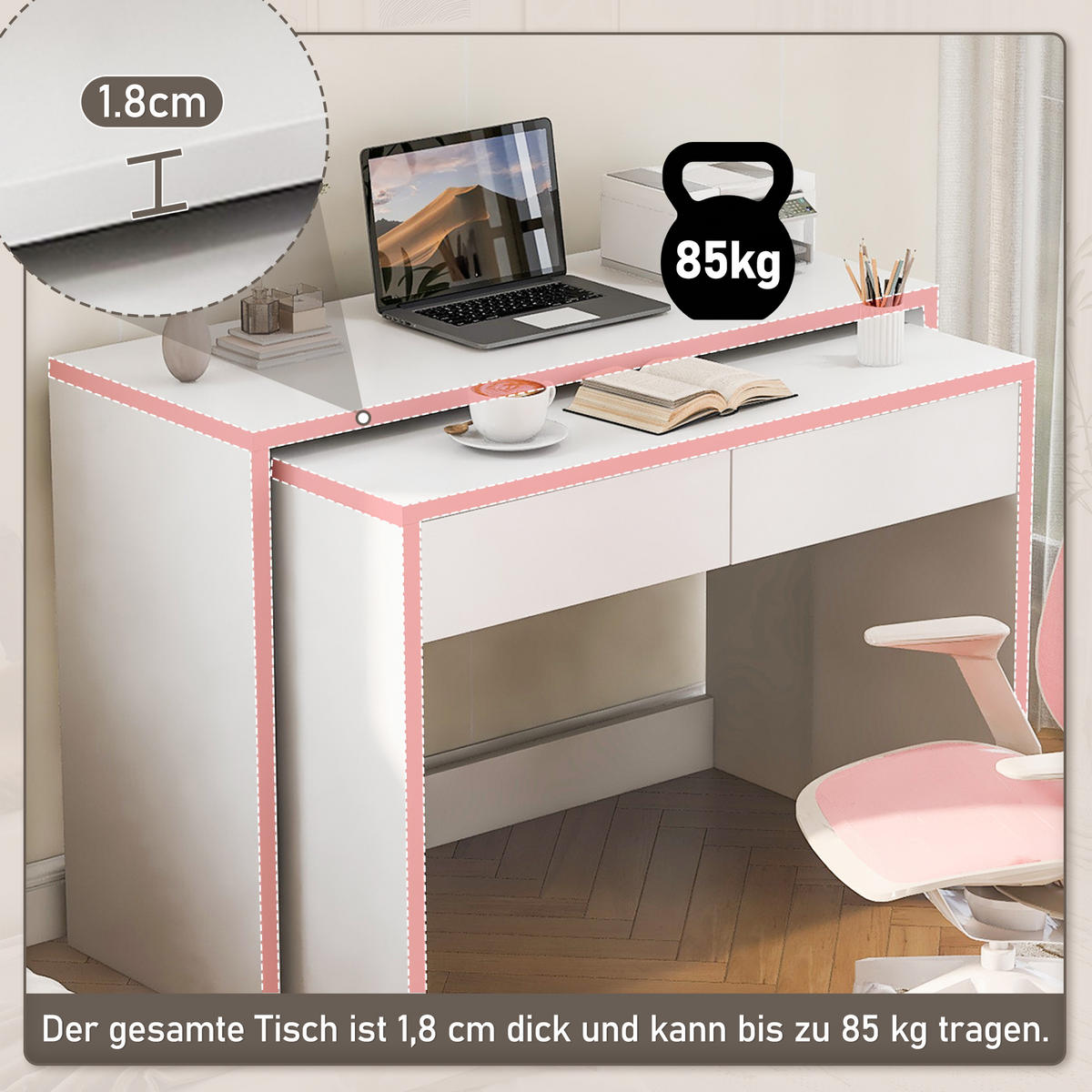 SCHREIBTISCH 2-in-1 Kommode ausziehbar Rollen Holz 1,8cm modern - Weiß, Holzwerkstoff (110/40/78cm) - FLIEKS