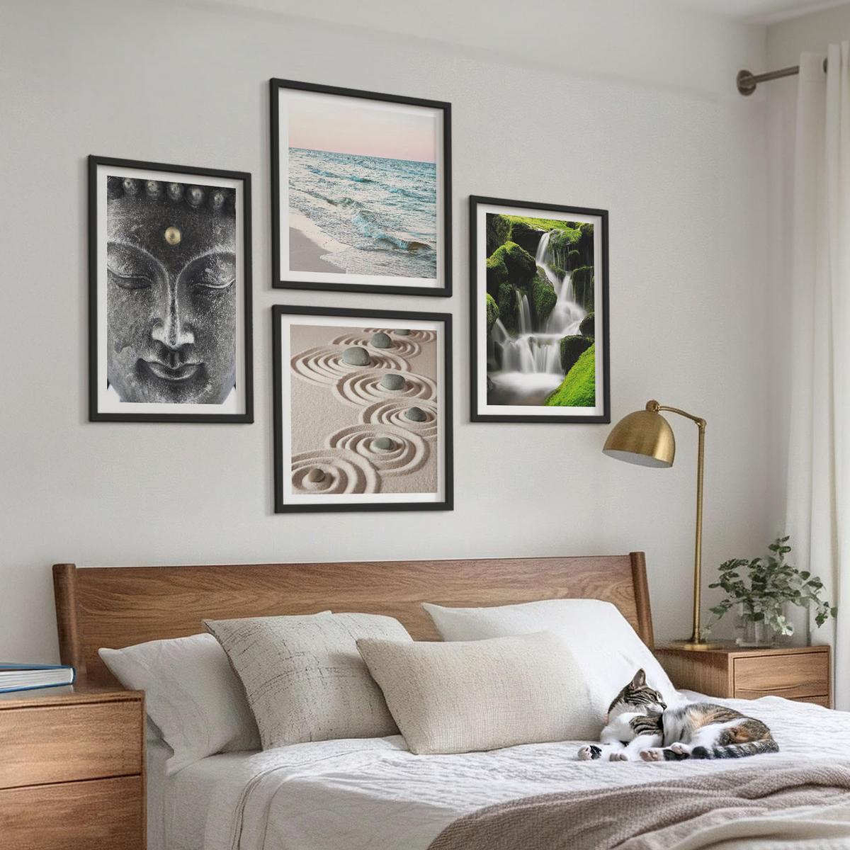 BILDER SET 4er Set - 50x50 cm & 40x60 cm Schwarzer Rahmen - Der Frieden der Natur mit Buddha - Schwarz, Kunststoff (50/50cm) - TULUP