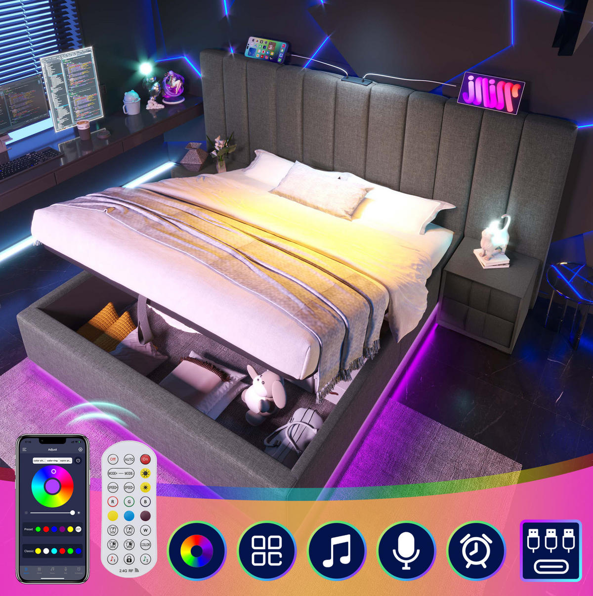 ČALOUNĚNÁ postel 160/200 cm šedá ze lnu s LED osvětlením USB-C a úložným prostorem - šedá, textil (160/200cm) - OKWISH
