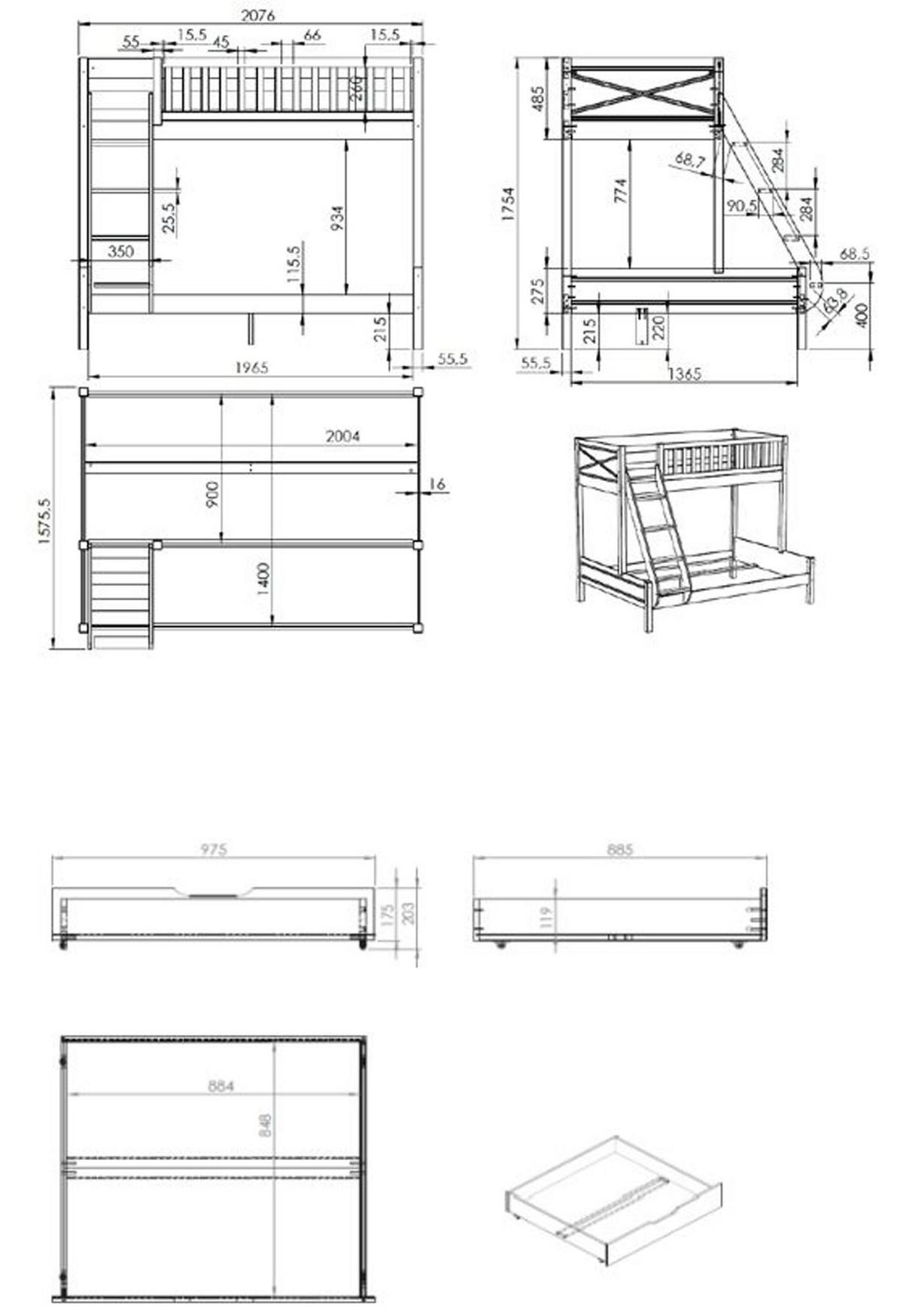 ETAGENBETT Karyl 208x175x158 aus Massivholz in Weiß - Weiß, Holz (90/200cm) - 58aufmkessel