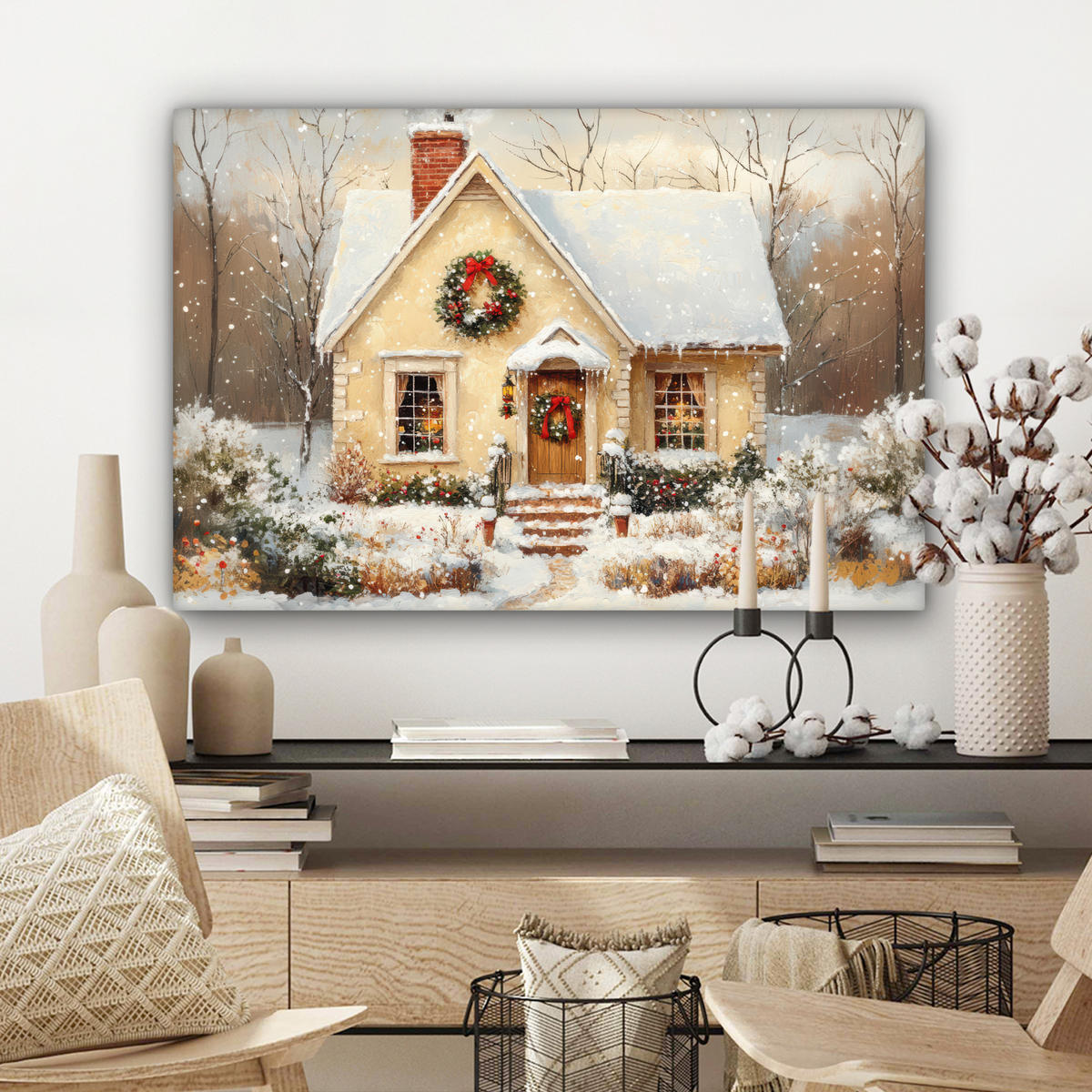 LEINWANDBILD Weihnachten - Zuhause - Winter - Schnee Gemälde 60x40 cm - Creme, Textil (60/40cm) - MuchoWow