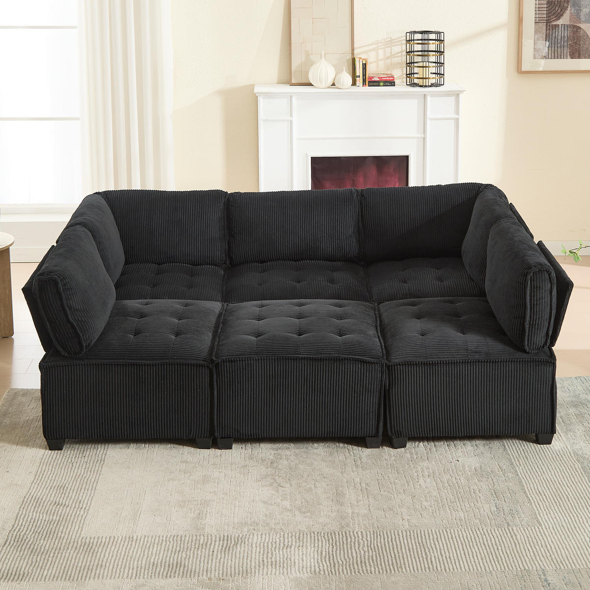 WOHNLANDSCHAFT 308/154/82 cm Schwarz mit Stauraumtaschen und Fußbank - Schwarz, Textil (308/82/154cm) - Oxeza