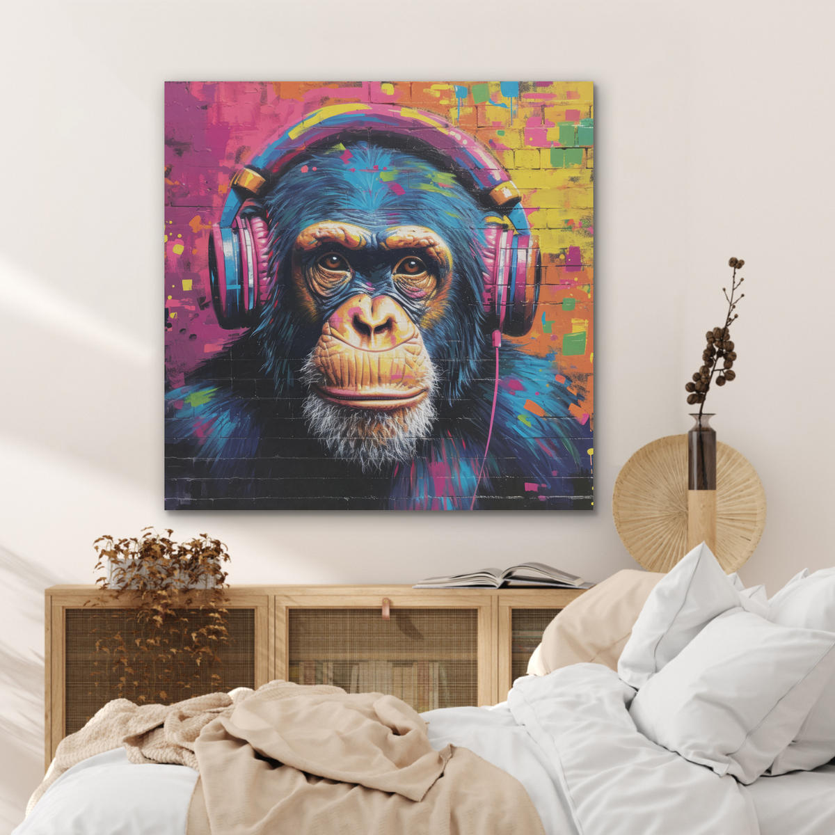 AKUSTIKPANEEL Graffiti - Schimpanse - Straßenkunst - Kopfhörer - Affe 90x90 cm - Blau, Textil (90/0.9/90cm) - MuchoWow