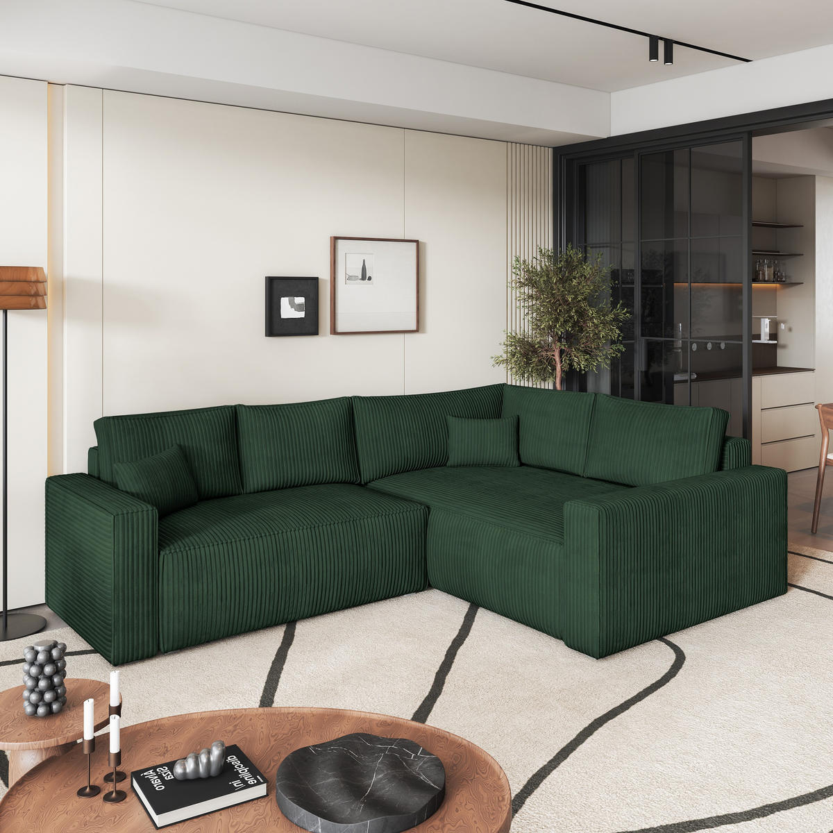 ECKSOFA ERONIS R-S Grün Kordstoff mit Schlaffunktion - Grün, Holz (265/194cm) - MASSENO