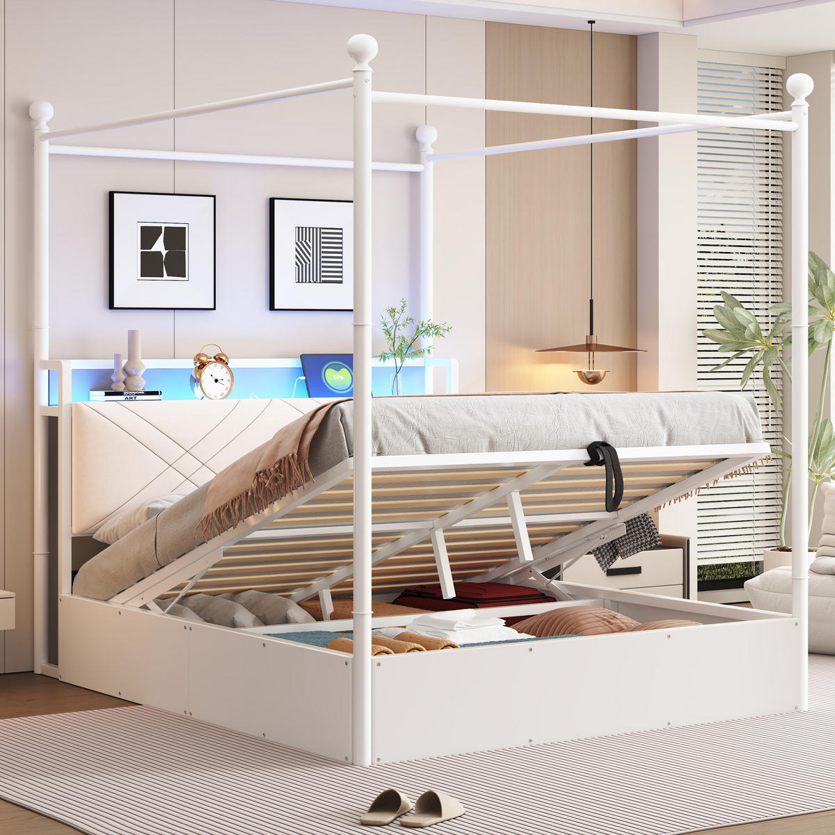 POLSTERBETT 140/190 cm Weiß mit LED-Beleuchtung und USB-/Typ-C - Weiß, Holz (140/190cm) - Oxeza