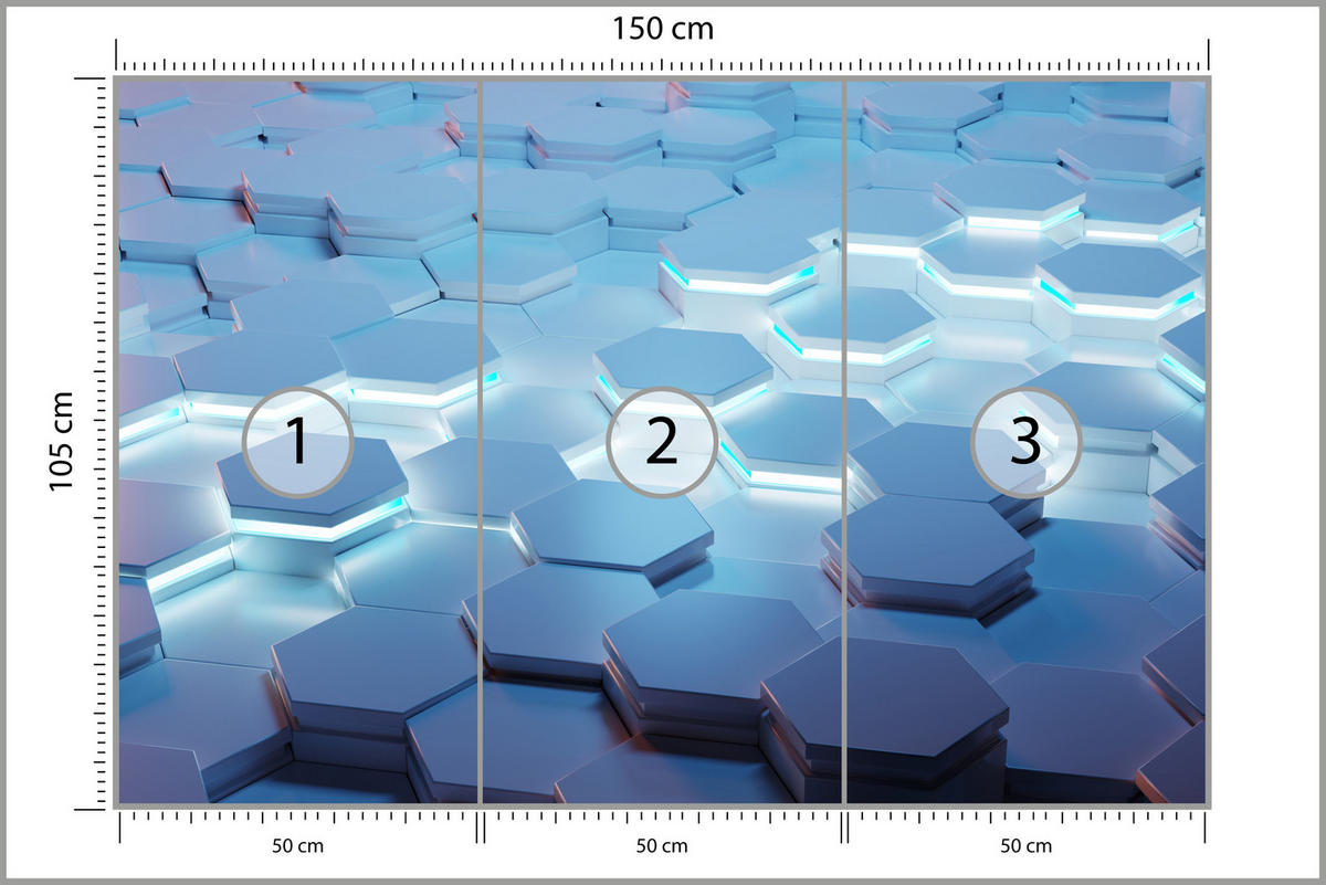 FOTOTAPETE für Jugendzimmer Blaue Neon Hexagone Formen Geometrie 150x105 - Blau/Weiß, Papier (150/105cm) - Muralo