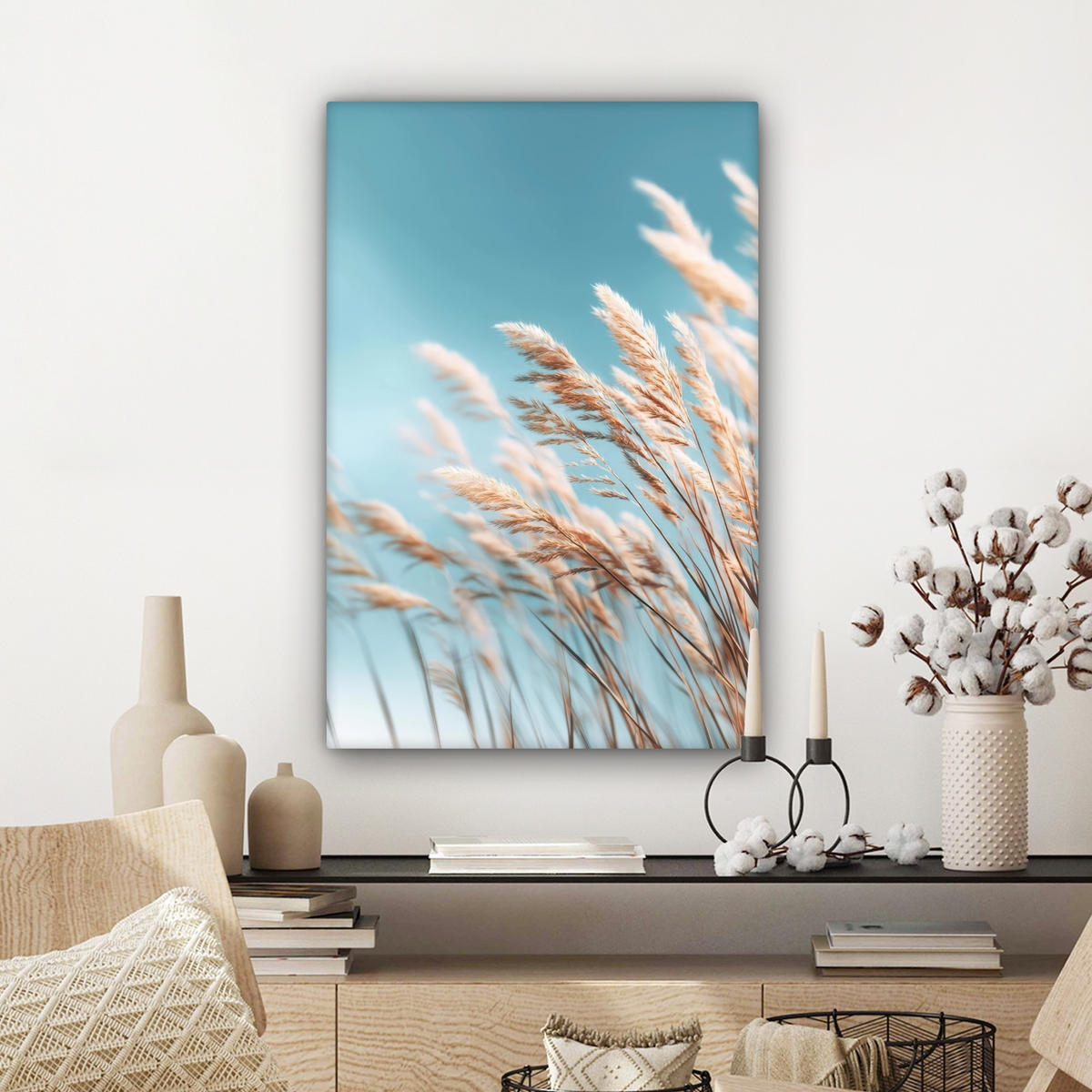 LEINWANDBILD Ziergras - Wind - Hellbraun Wanddeko Schlafzimmer 60x90 cm - Hellblau, Textil (60/90cm) - MuchoWow